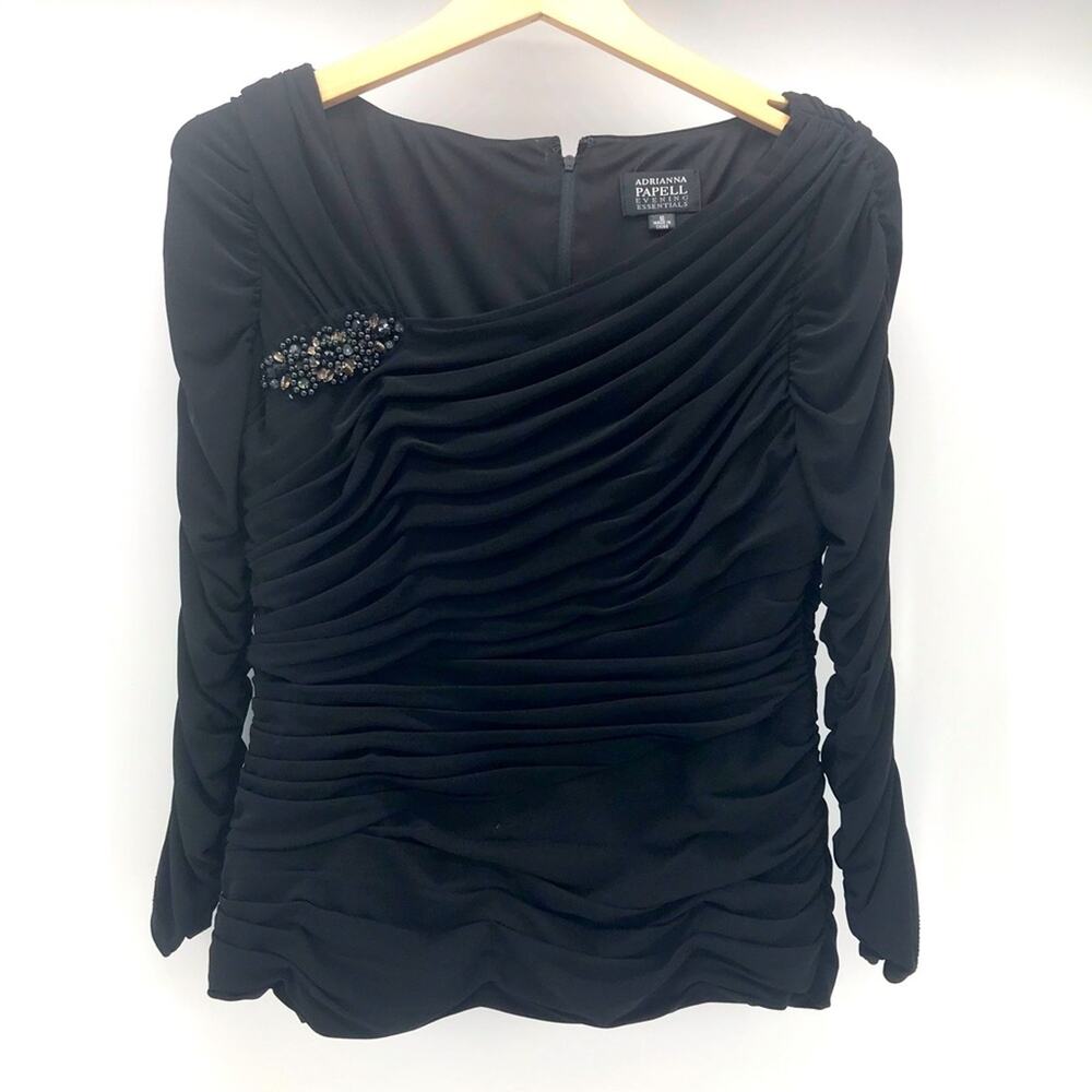 Adrianna Papell Evening Essentials Top Womens 10 Black Beaded Jeweled Ruched